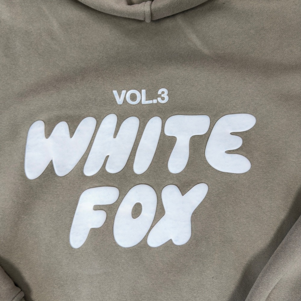White Fox Vol 3 Oversized Hoodie Taupe Tan Fleece Sweatshirt XS/S Logo Graphic - Picture 5 of 10